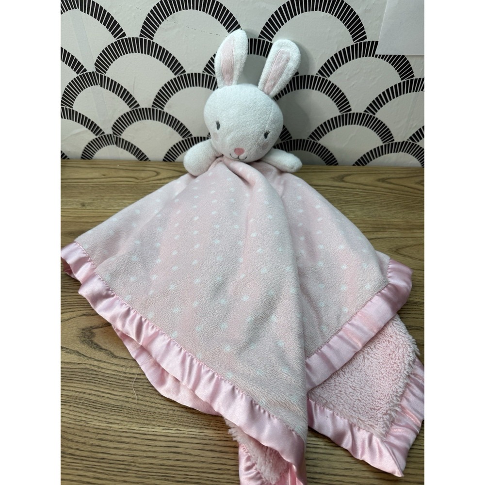 Cloud Island Pink White Bunny Lovey Polka Dot 29" Large Satin Trim Blanket